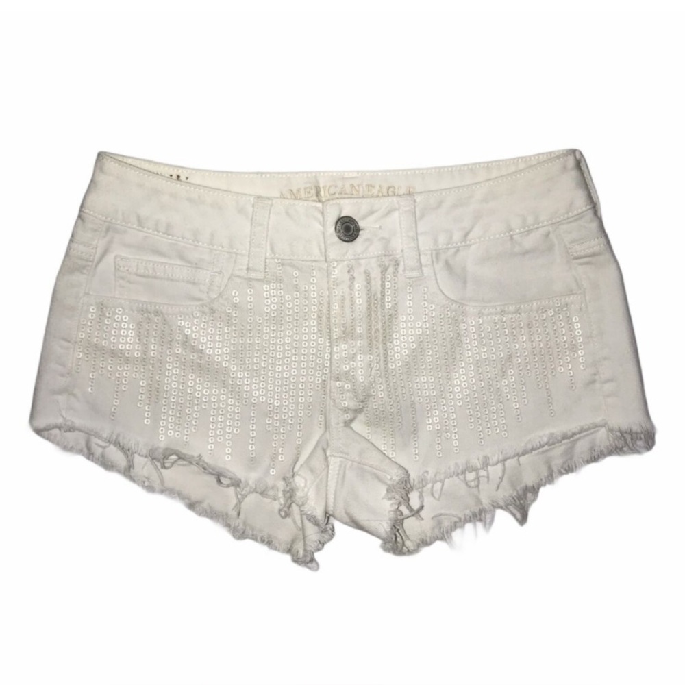 American Eagle Outfitters White Sequin Fringe Denim Shorts